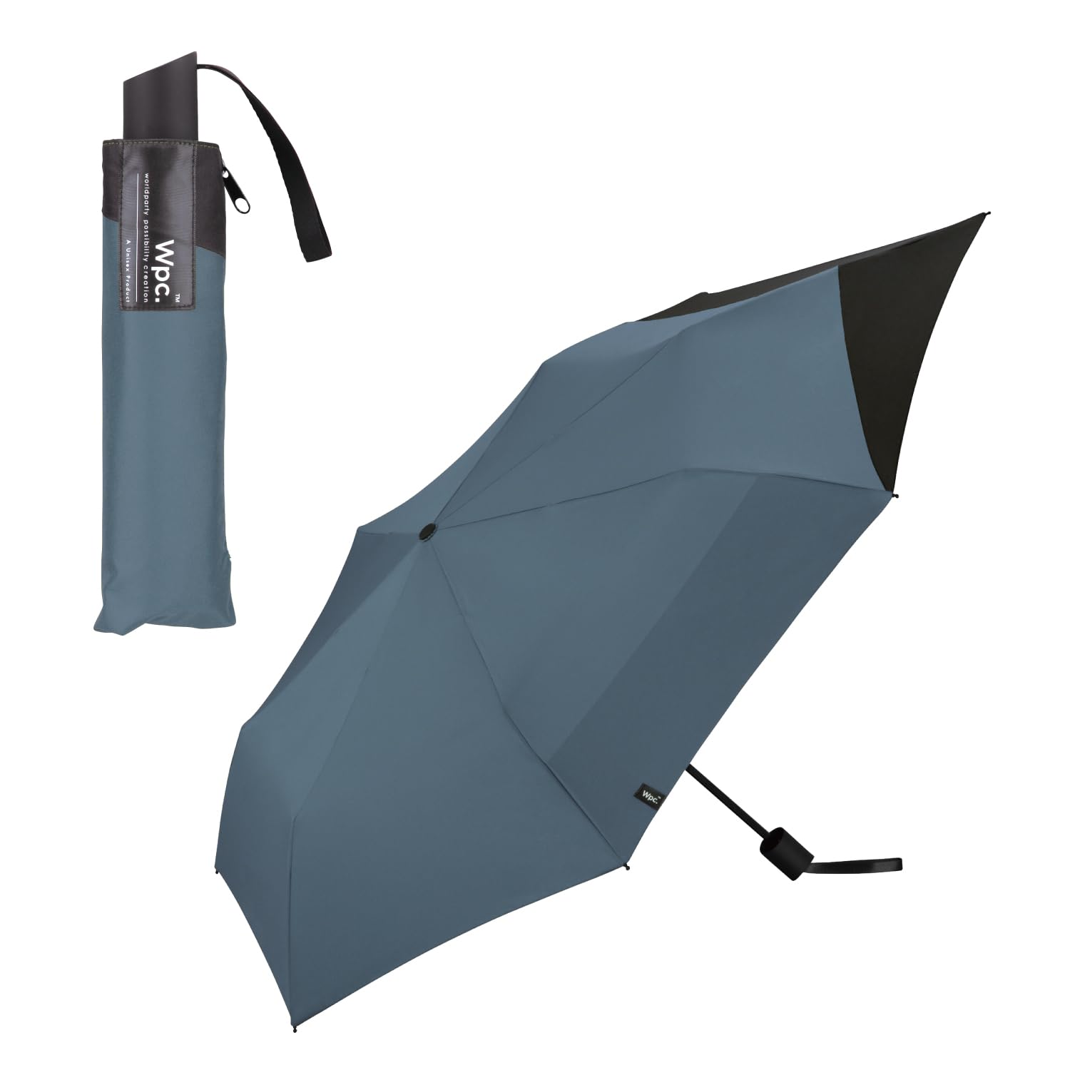 Wpc. [リュックが濡れない] 折りたたみ傘 BACK PROTECT FOLDING ブルーグレー×ブラック 雨傘 晴雨兼用 55cm 大きい メンズ 男性 バックパック 後ろが長い 通勤 通学