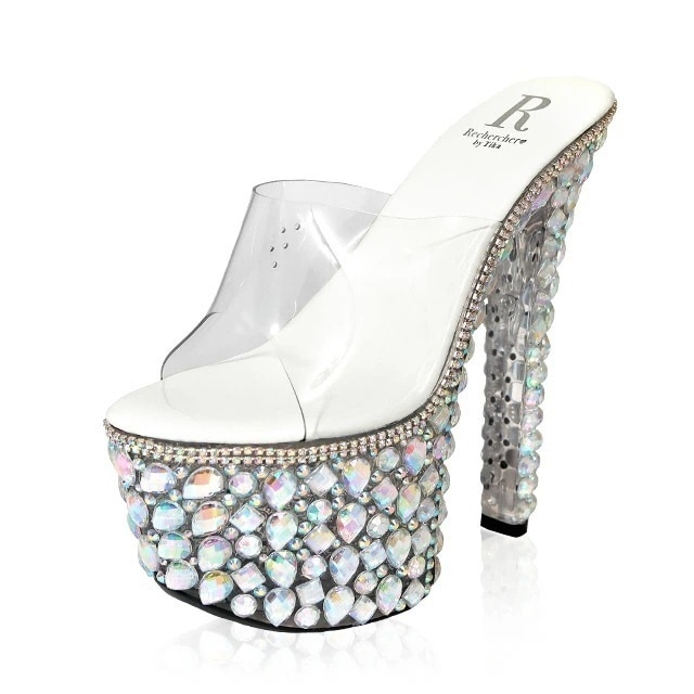 キャバ クリアサンダル キャバ ヒール キャバ パンプス 歩きやすい キャバ サンダルRechercher ルシェルシェ ビジュー オープントゥ ハイヒール ピンヒール 厚底 ホワイト 17cmヒール