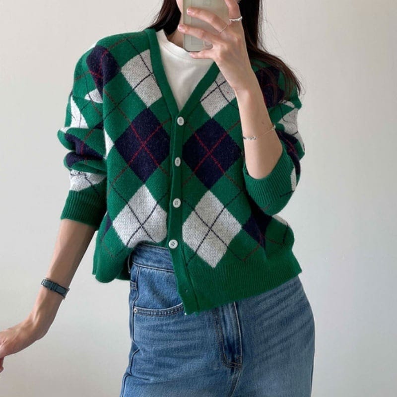 2color レディース カーディガン ボタン 前開き アーガイル Vネック ショート丈 ニット