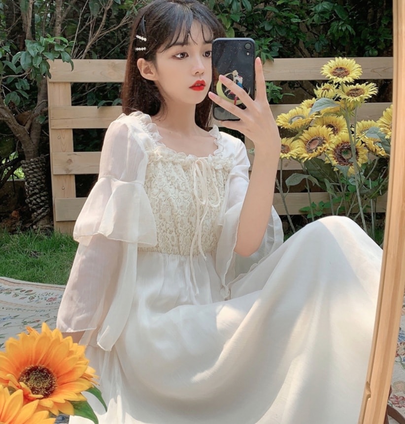 ワンピース デート モテアイテム シフォン フレアワンピース リボン レース 可愛い きれいめ 上品 おしゃれ かっこいい 可愛い ラブリー キュート ガーリー クール モード系 セクシー