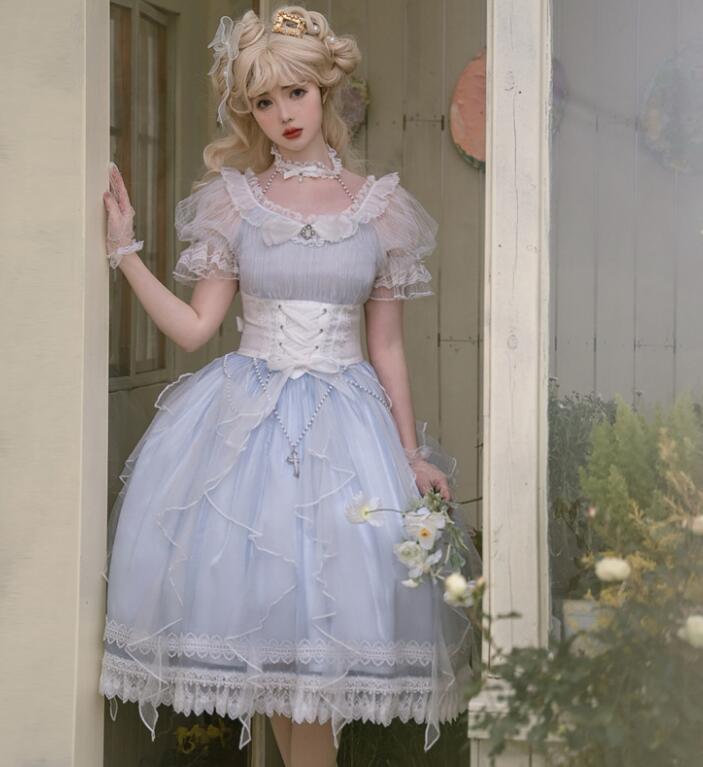 ロリータワンピース ブルー 半袖ドレス 可愛い ロリータ服 チュール プリンセスドレス 萌え萌え lolita ドレス 学園祭 文化祭 コスチューム コスプレ衣装 膝丈 半袖ロリータドレス S-L