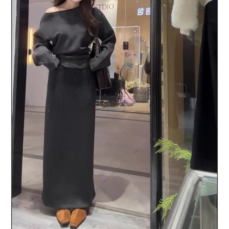 秋冬にぴったりなフレンチスタイルの優しく魅惑的なスリミングツーピースセットニットトップスとハイウエストスカート