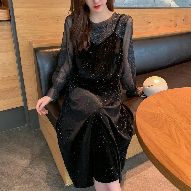 ワンピース ワンピドレス 膝下 ミモレ丈 袖あり 長袖 ラウンドネック セミフレア ストレート ベルベット かわいい 大人可愛い きれいめ シンプル 大人 上品 おしゃれ かっこいい 大人女子