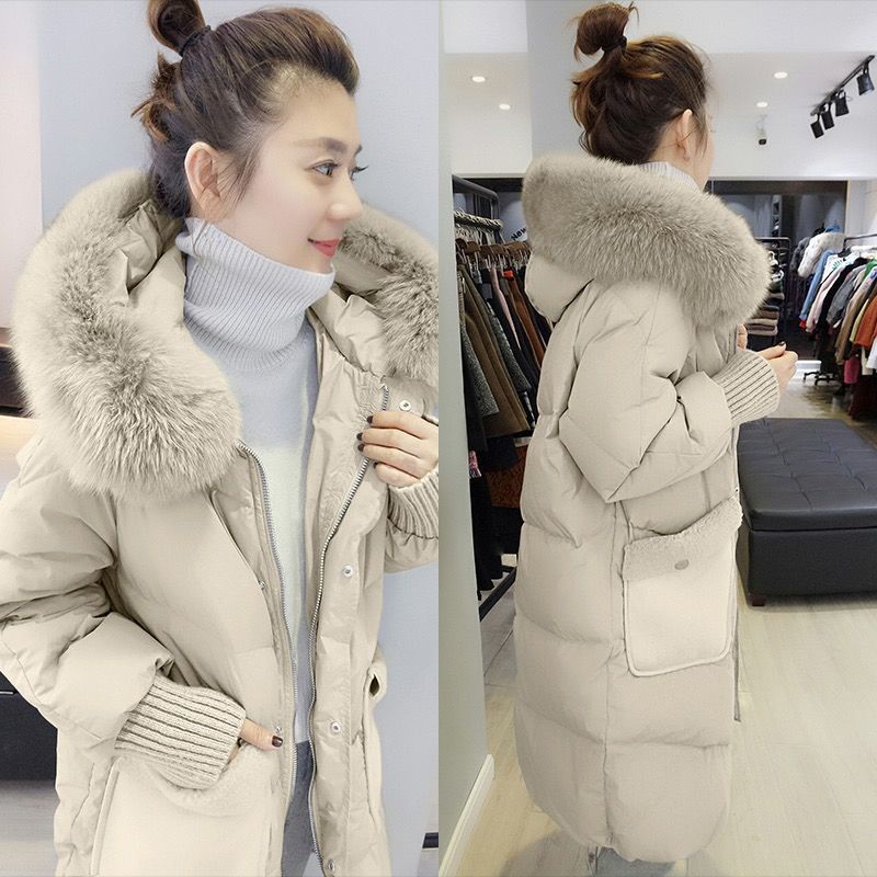 ヨーロッパステーションダウンジャケット女性の 2024 冬の新韓国スタイル大きな毛皮の襟ミディアムロングルーズ肥厚フード付きジャケットトレンディ