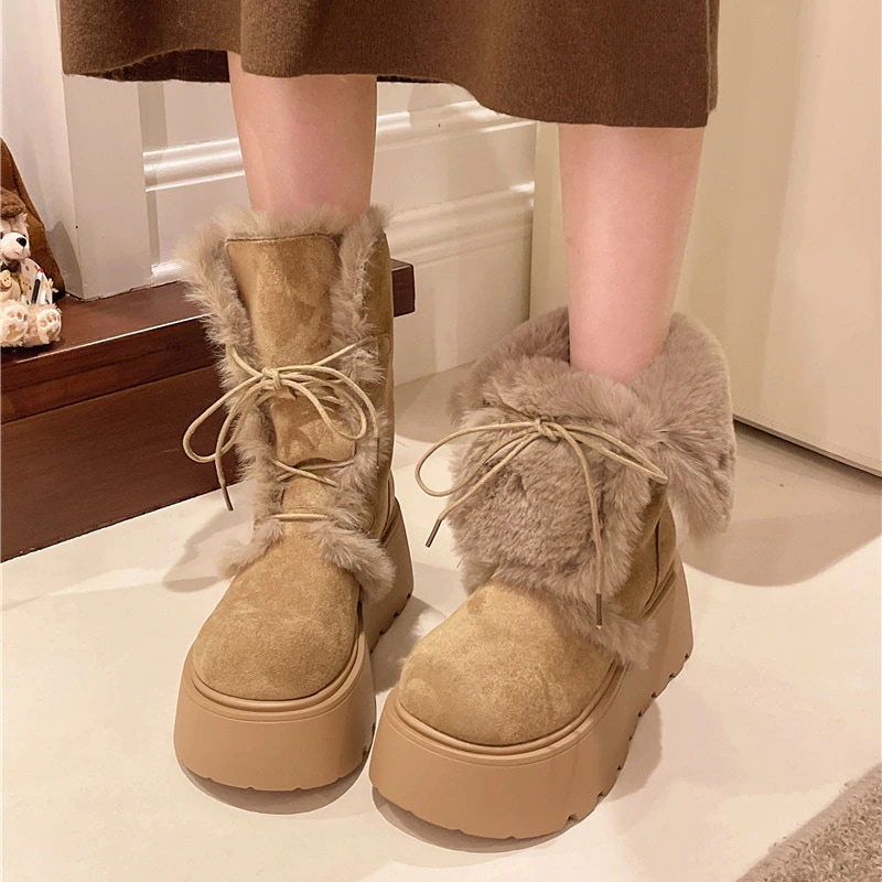 多用途のレースアップフリース裏地の暖かい女性用スノーブーツ2025 年秋冬レトロ スタイル厚底ハイトップ マーティンブーツ