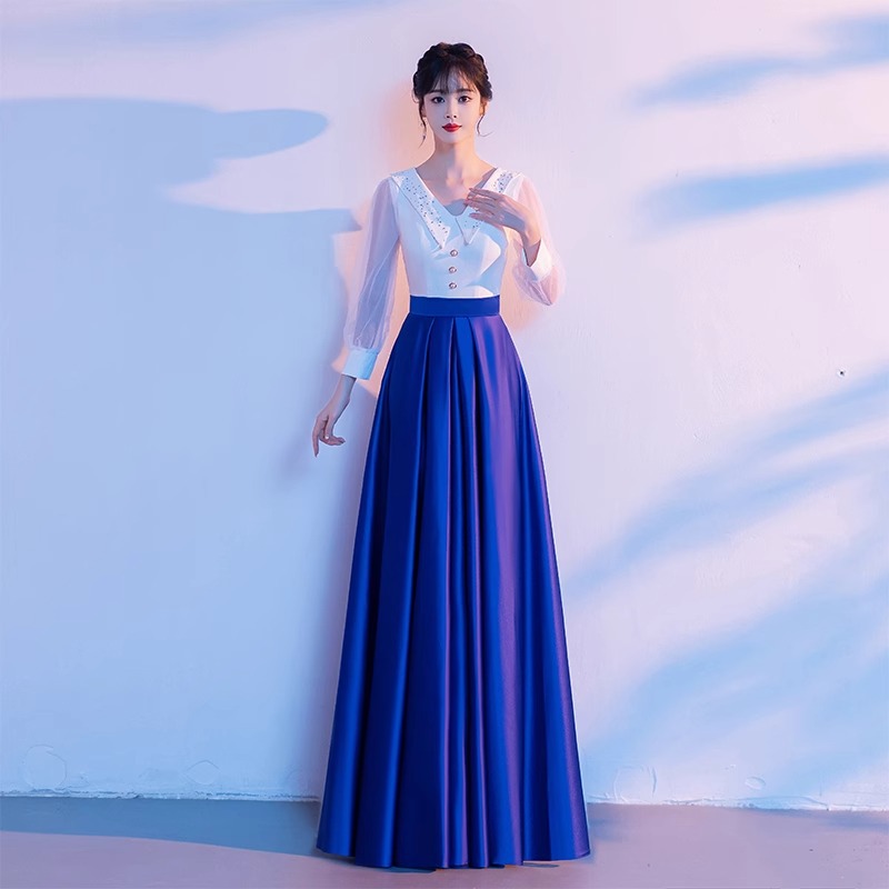 【2枚購入で 3oo円OFF！】ブルーコーラス衣装ロングスカート女性成人指揮者競技演奏衣装朗読気質ドレススカート