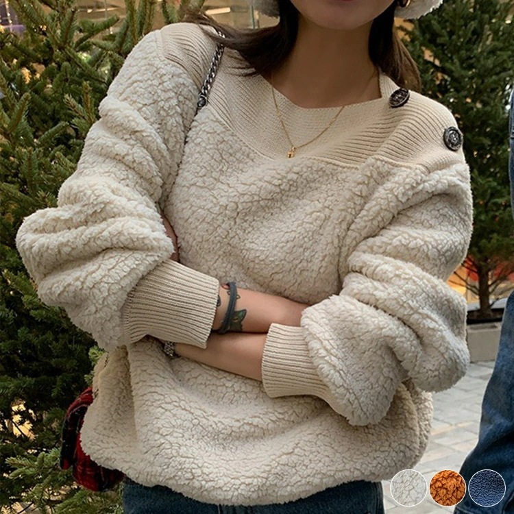 ボア トレーナー レディース 厚手 スウェット ムートン ニット 秋冬 秋 冬 トップス 長袖 切り換え ショート丈 クルーネック おしゃれ 暖かい 白 ネイビー オレンジ