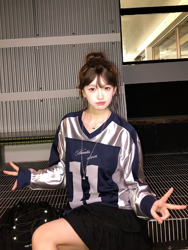 2025春夏 韓国可愛い風トップス Tシャツ K-POPファッション長袖ストリート系サイド丈フットシルエットシャツ衣装レディースサイズVネックユニセックスおしゃれカジュアル春メンズダンスラグラン配色T