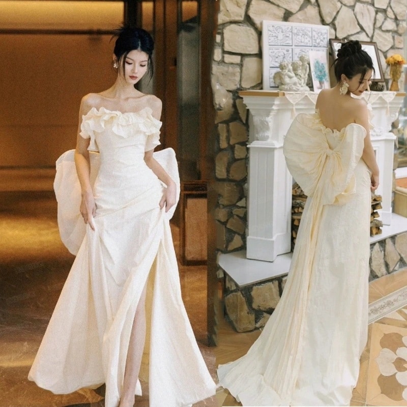 ウェディングドレス白花嫁結婚式ドレスAラインドレス花嫁挙式二次会ブライダル結婚式レディースロングドレス白レースプリンセスライン撮影大きな羽のようなリボンフリル飾り
