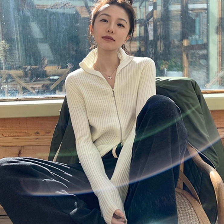 ニットカーディガン トップス セーター カーディガン 長袖 ボリューム袖 ハイネック ファスナー 4,896円