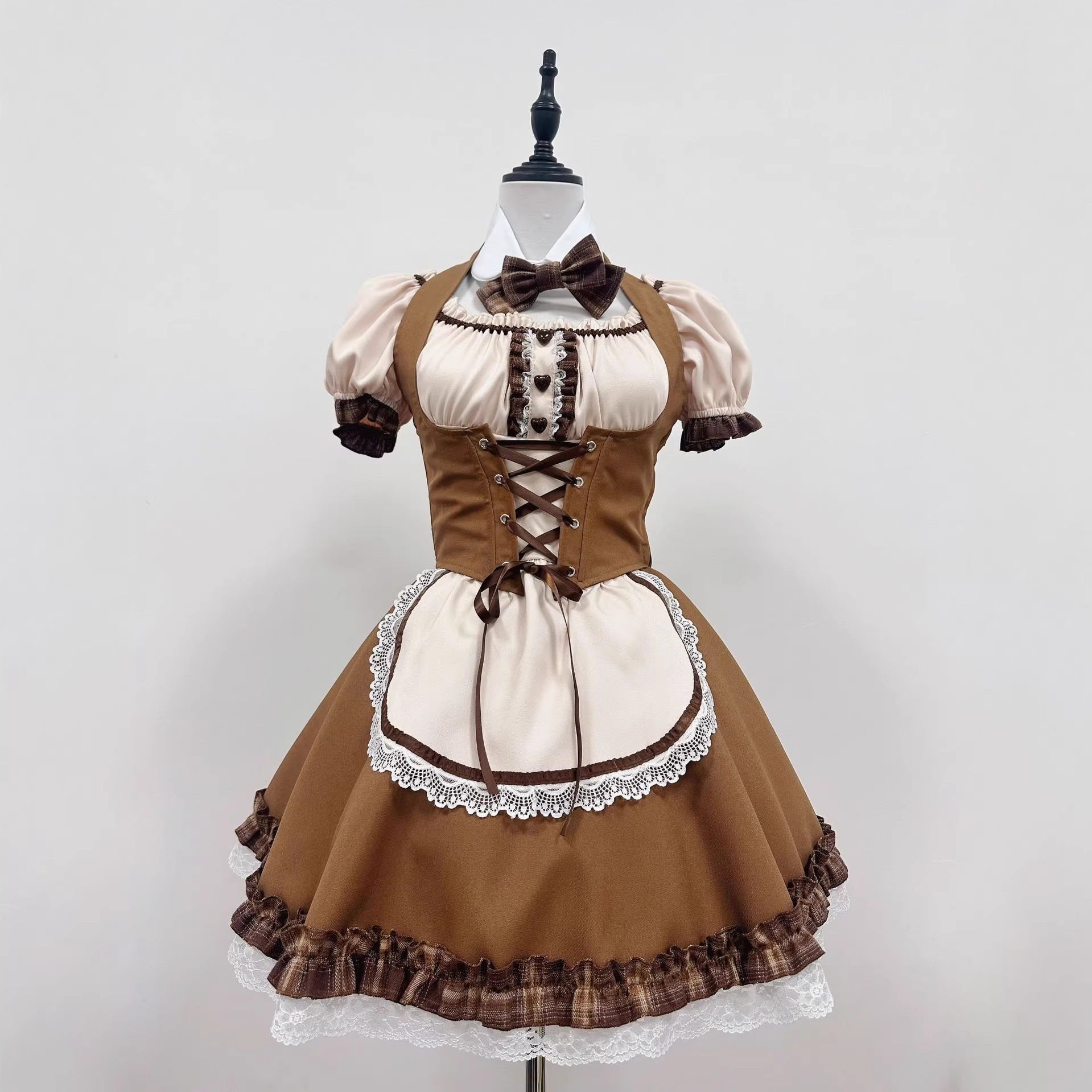 メイド服キュートウエストベストロリータパフスリーブワンピースセット
