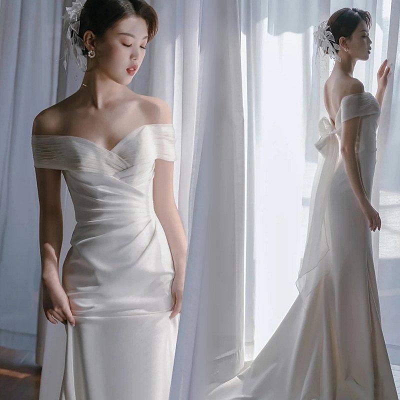 【即納】レディースファッション ウェディングドレス二次会 花嫁ドレス 結婚式 パーティードレス マーメイドライン レトロ オフショルダー クラシカル