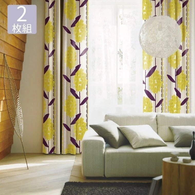 カーテン 遮光 2級 幅100x丈200cm (2枚組）花柄 フラワー 植物柄 掃出窓 100x200 日本製 ナチュラル お洒落 おしゃれ 丸洗い 洗える ウォッシャブル 形状記憶加工 既製 国産