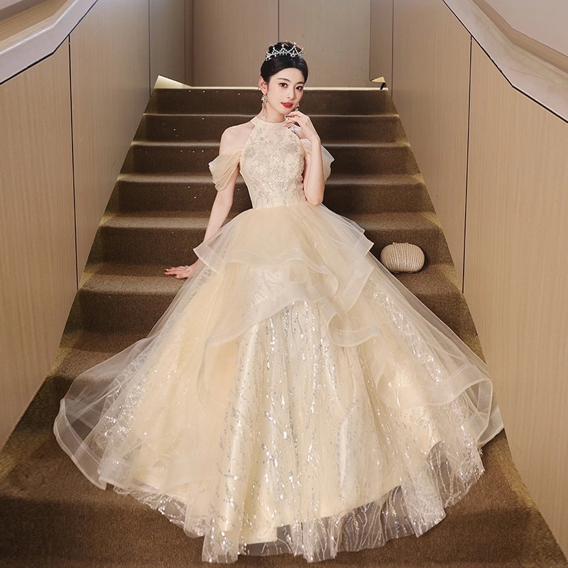 イブニングドレス ホルターネック オフショルダー シャンパン色 ロングドレス 発表会ドレス キラキラドレス スパンコール 結婚式ドレス 二次会ドレス パーティードレス オシャレ キレイめ XS S M 6,535円