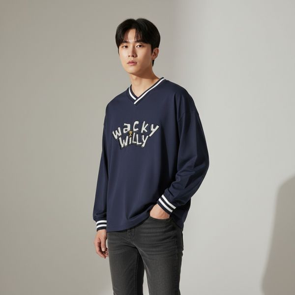 タイポ 化学繊維 ロングスリーブ Tシャツ ネイビー