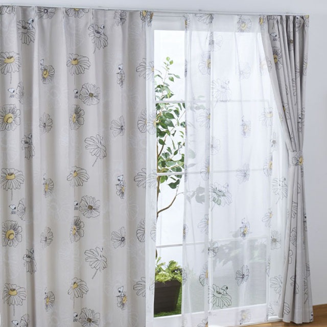 スヌーピー 2級 遮光 遮熱 カーテン フラワー 幅100x135cm丈 2枚セット