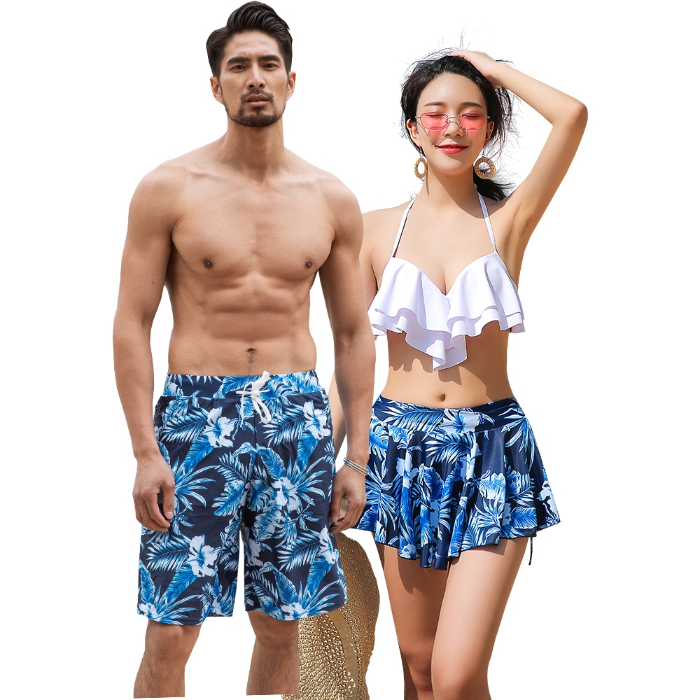 水着 カップル水着 レディース メンズ ペア水着 体型カバー ビーチパンツ お揃い 海 プール ペアルック 夫婦 恋人 彼氏 彼女 トランクス ビキニ 大きいサイズ ホワイト リーフ柄 2019年新作