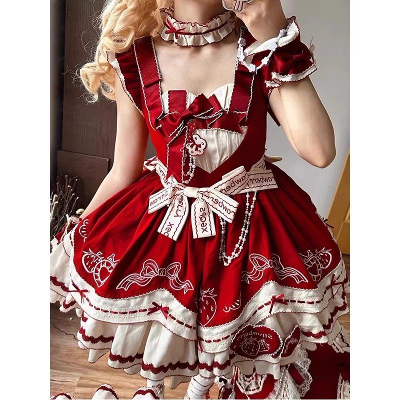 【急速出荷】無.料 赤 イチゴ 少女感 甘い妹系スカート JSK 可愛い甘い 誕生日 プリンセススカート 日常 ロリータ