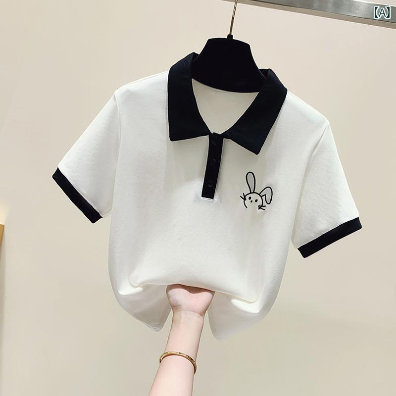 ポロシャツ レディース 襟 ウサギ 刺繍 Tシャツ 夏 半袖 綿 トップス ホワイト ブラック ベージュ