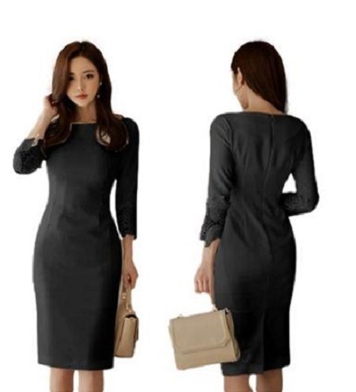レディース XL ブラック 黒 袖レース タイト ひざ丈 ワンピース 7分袖 無地 ラウンドネック