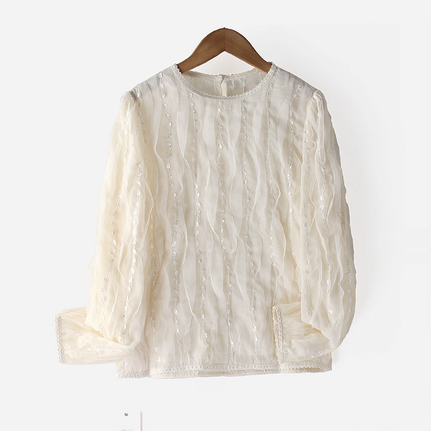 トップス ブラウス ラウンドネック 刺繡 レース フェイクパール 透け感 かわいい 大人可愛い きれいめ シンプル 上品 おしゃれ かっこいい カジュアル こなれ感 個性的 主役級 ラフ ルーズ