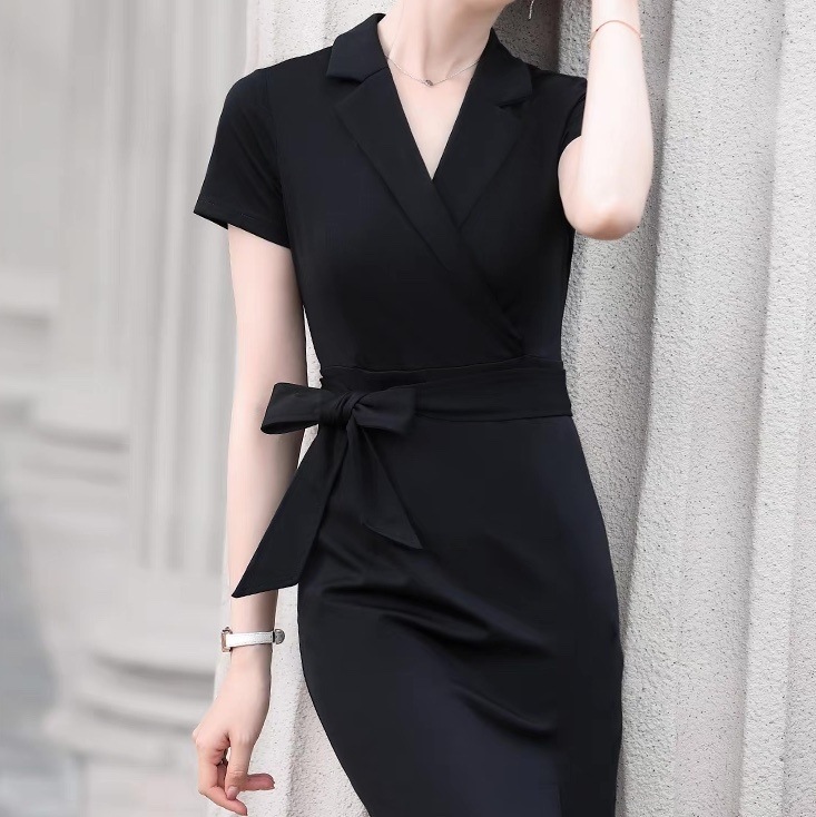 レディース ワンピース ショート 膝上 半袖 7分袖 カシュクール 襟付き 角襟 タイト スリム 細身 フェミニン リボン ウエストマーク ウエストリボン スリット サイドスリット かわいい