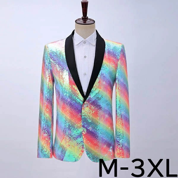 ジャケット メンズ ステージ衣装 演出服 スパンコール 虹色 レインボー カラフル キラキラ カラオケ大会 衣装 王子様 貴公子 大人 発表会 演奏会 司会者 男性 アイドル 貴族服 舞台 演劇 オペ