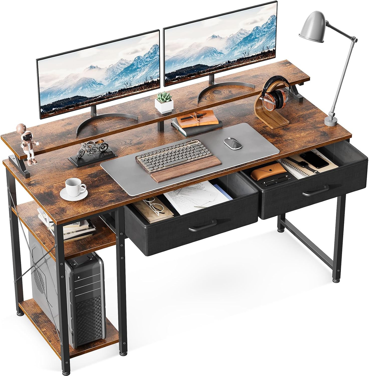 ODK ゲーミングデスク ラック&引き出し2杯付き 幅120cm パソコンデスク 机 pcデスク モニター台付き ワークデスク オフィスデスク おしゃれ 省スペース 一人暮らし 在宅勤務