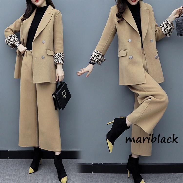 セットアップ レディース 秋冬 40代 30代 フォーマル 2点セット アウター 冬コート ガウチョパンツ パンツスーツ 大きいサイズ おしゃれ 上品 着痩せ 通勤 新品