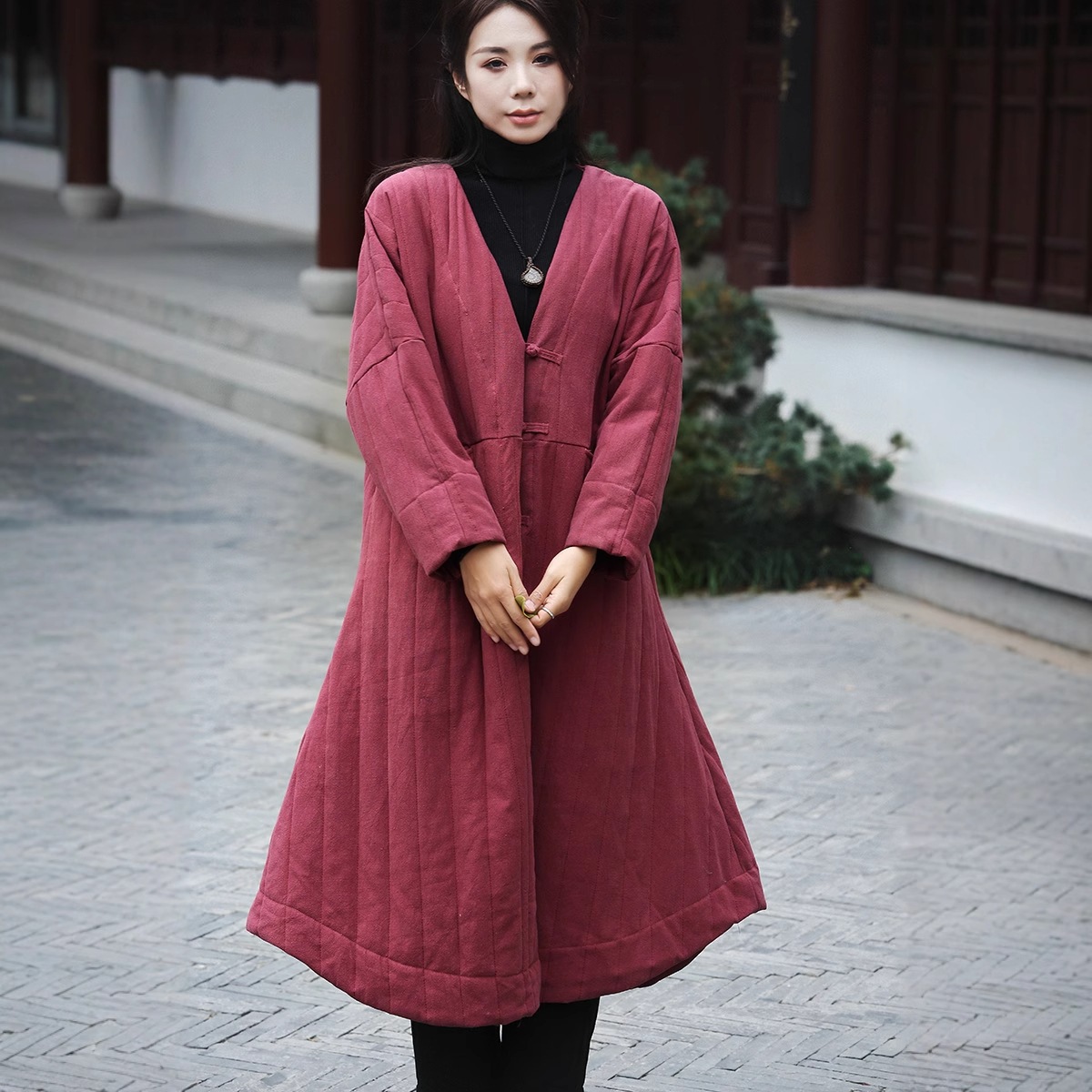 綿とリネンの女性の秋と冬の新しい中国スタイルzen中国スタイルのレトロバックル伸びコットンローブ4色