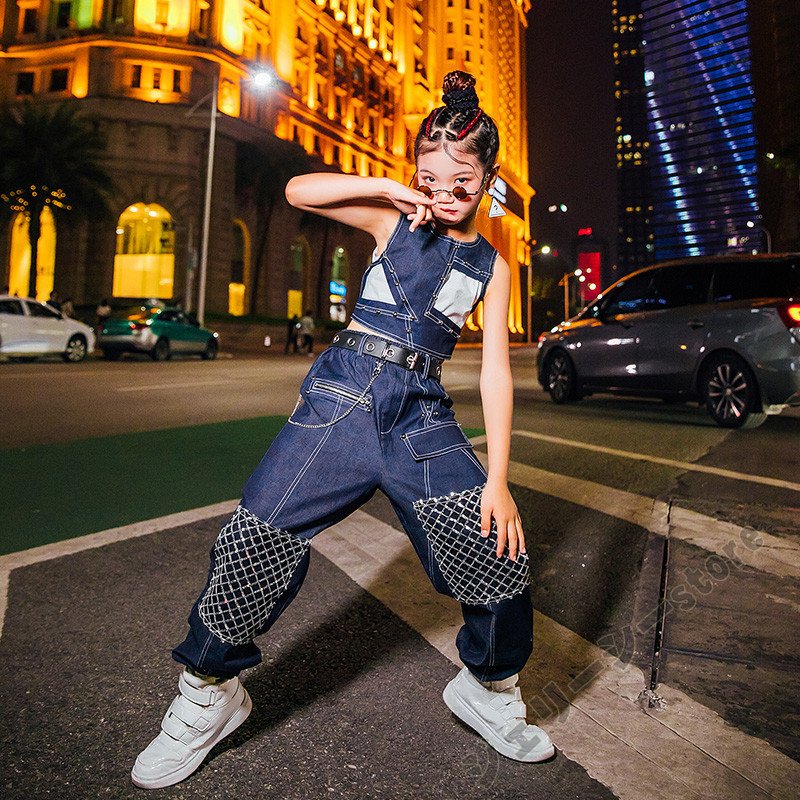 【3日で出荷】キッズ ダンス衣装 ヒップホップ HIPHOP 子供 女の子 ダンス ロングパンツ 袖なし ネイビー