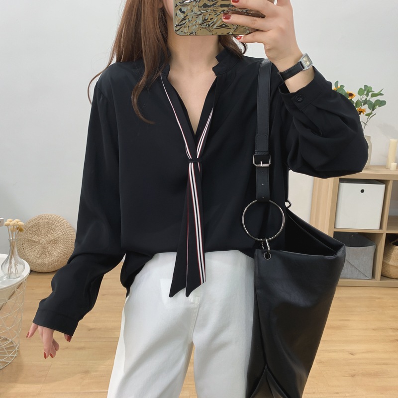 春服シャツ女性服ゆったりシフォンシャツスキニートップス トップス シャツ 白シャツ 白トップス ミディアム丈 長袖 萌袖 ワイド シフォン リボン 大人可愛い きれいめ シンプル カジュアル 大人