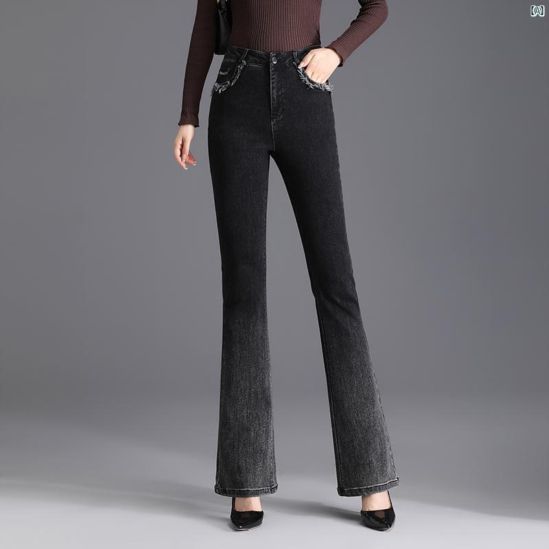 レディース　ファッション　オシャレ　シンプル シンプル スリム デニムブーツカットパンツ 春秋 耐久性 ウエスト カジュアル フレア ロング パンツ