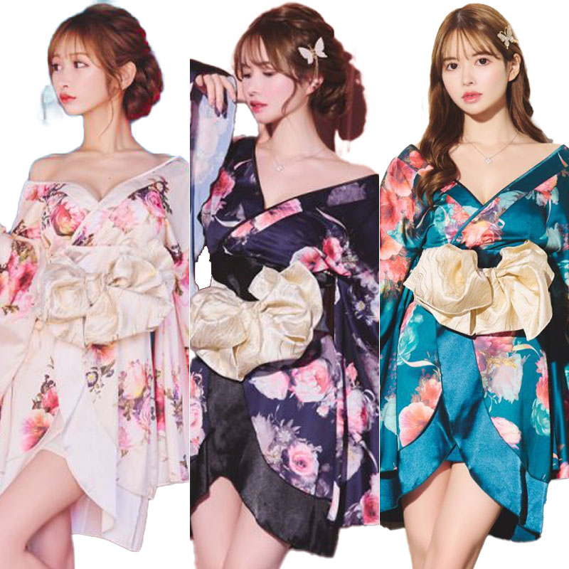 【SMLサイズ/3カラー/2点セット】花柄 オフショル ミニ 豪華 帯 花魁 着物 ドレス コスプレ イベント ハロウィン キャバドレス [1274]