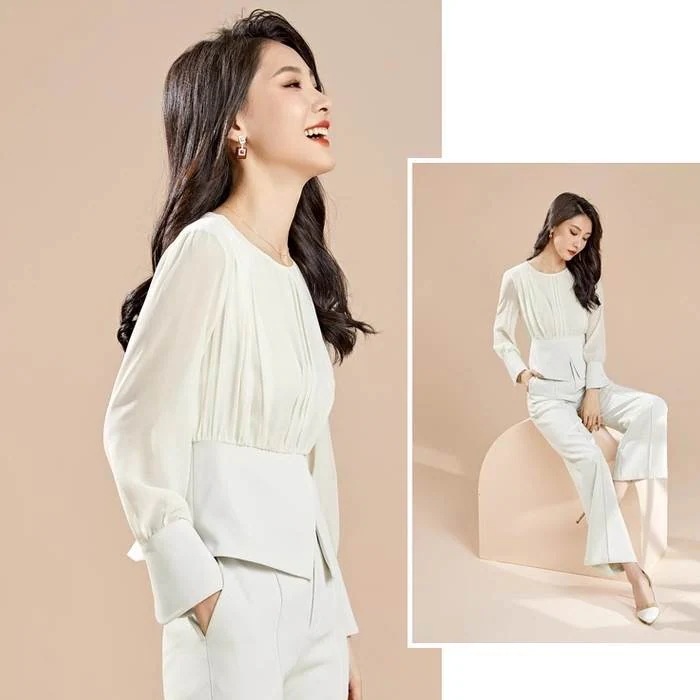 個性的 トップス シャツ ブラウス プルオーバー 袖あり 長袖 ラウンドネック 襟なし