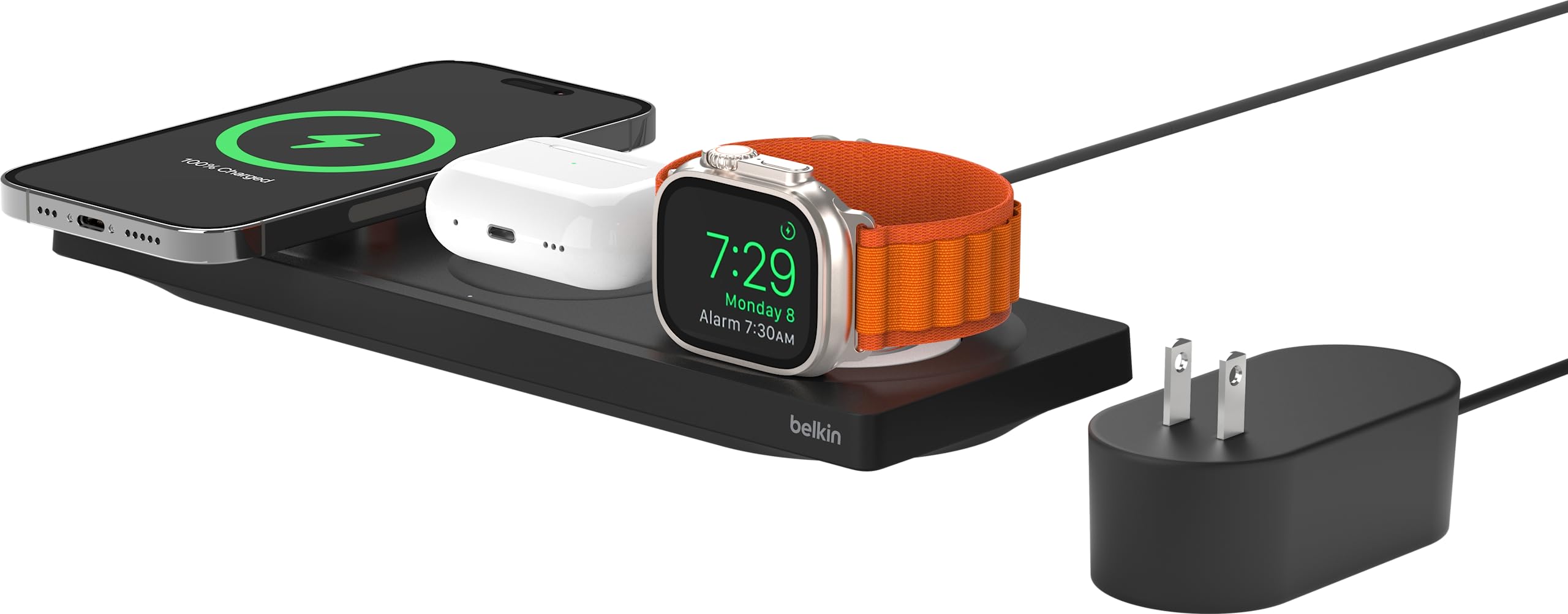 Belkin3 in 1 MagSafe充電器 最大15W高速充電 ワイヤレス充電器 MagSafe公式認証 iPhone17,16～12 Applewatch対応 8/7/Ultra 高速充電対応