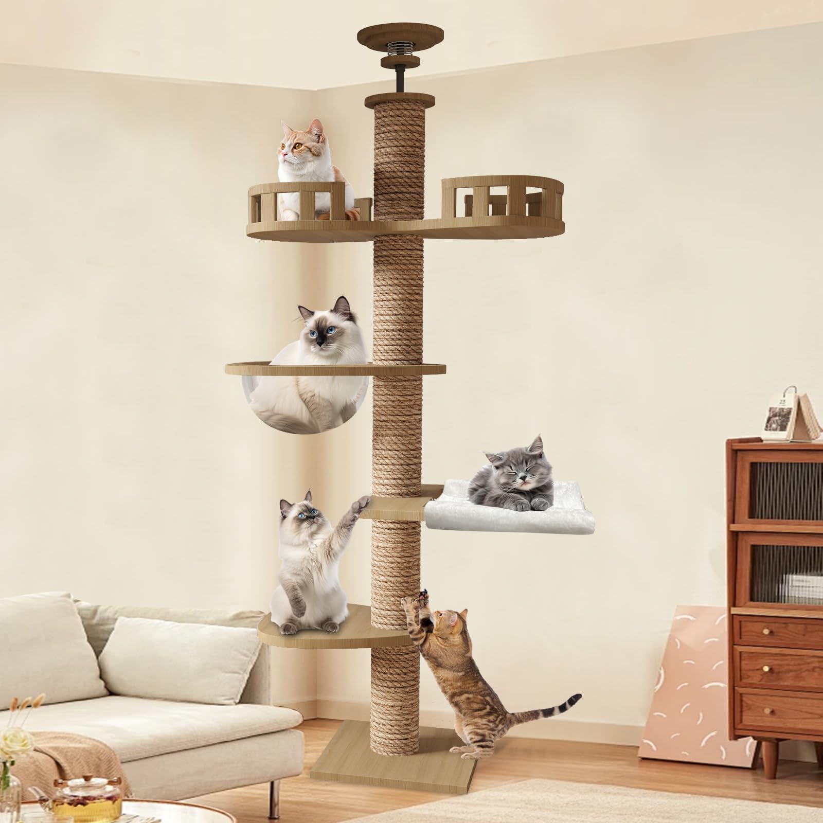 CozyMeow キャットタワー 突っ張り 木製 キャットツリー 木登りタワー 多層無垢材 太い支柱 スリム 宇宙船 ハンモック 多頭飼い 大型猫用 猫タワー 人気 おしゃれ 爪とぎ つめとぎ 猫 か