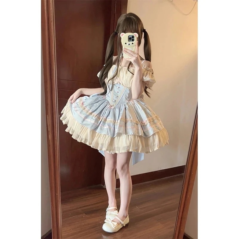 ロリータケーキプリンセスドレスサマーアプリコットブルーロリータウエストドレス女性用