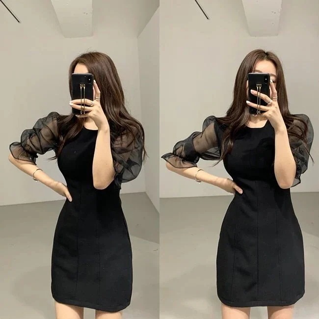 ミニドレス シースルー 黒 韓版 ファッション レディース 膝上 お呼ばれ ド