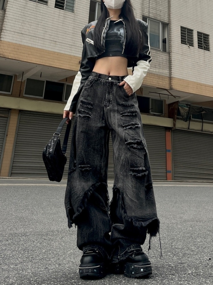 2025 デニムパンツ ボトムス ハイウエスト ジーンズ K-PP ストリートファッション系モップ韓国風ファッション練習ジーンズ シルエットゆったりレッグレディースカジュアルジーパン黑衣装