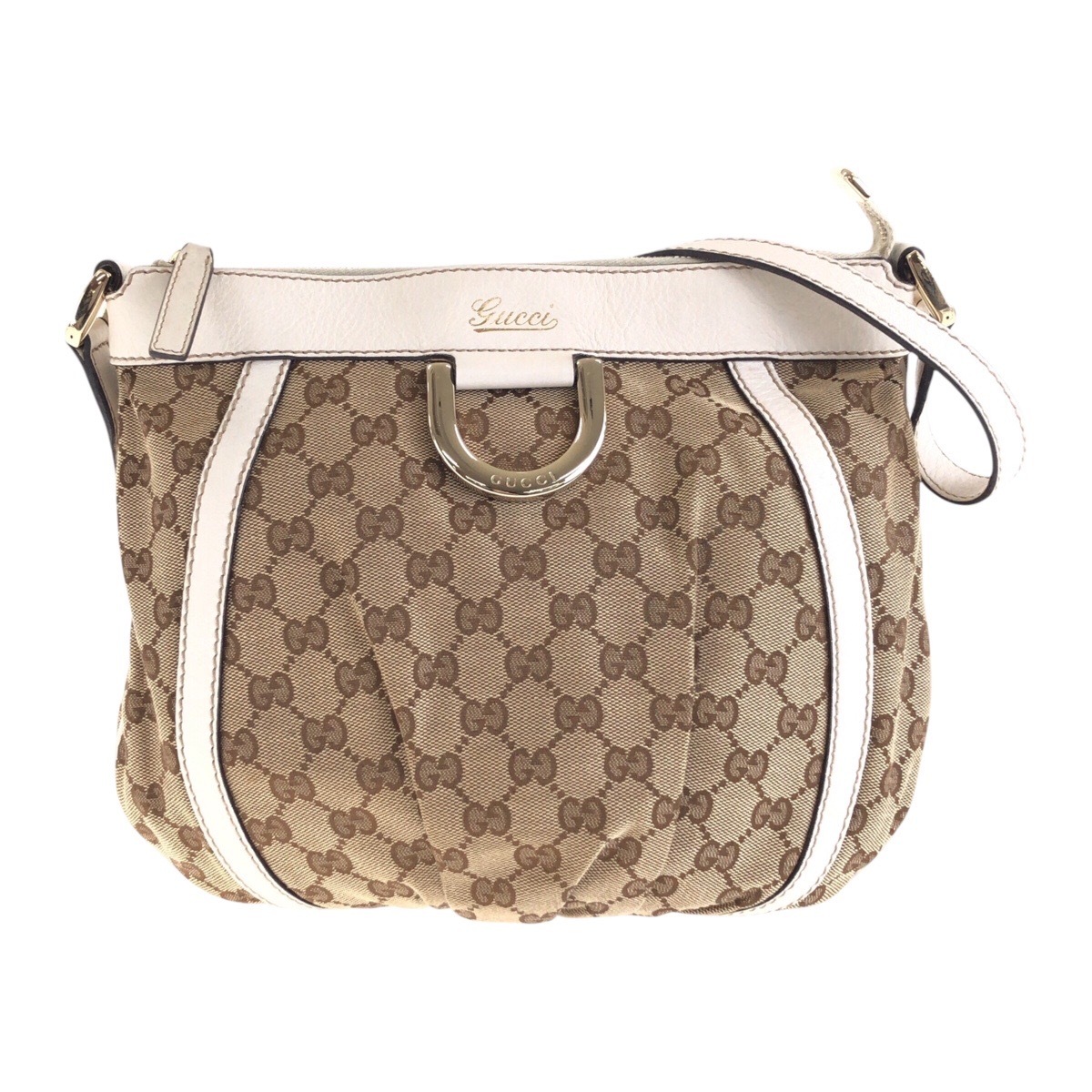 美品 ベージュ ホワイト ゴールド金具 GGキャンバス/レザー 203257 斜め掛け ショルダーバッグ レディース 411289