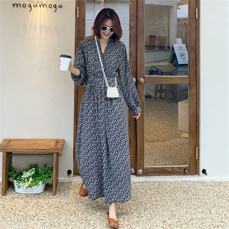 【送料無料】レディース Vライン 小花柄 ロングワンピース 大人可愛い ママコーデ