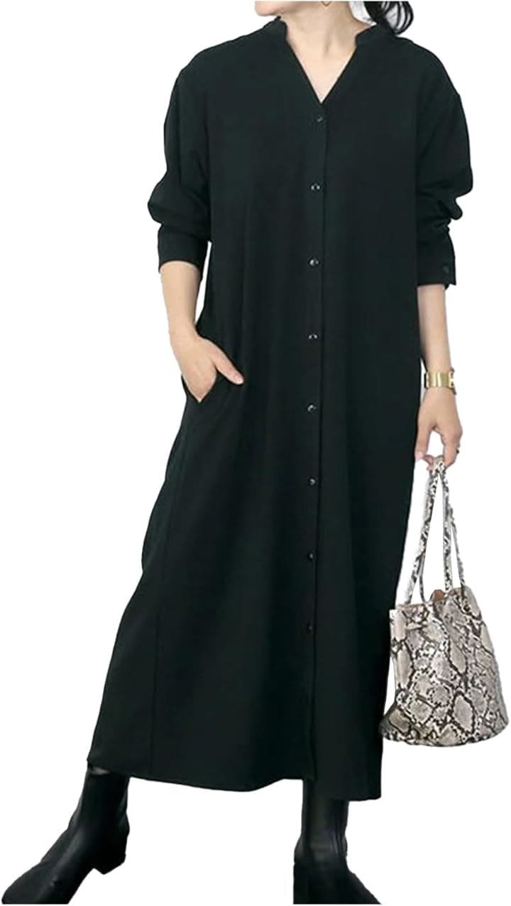 ゆったりロングワンピース シャツワンピ レディース 秋冬 長袖 きれいめ ウエストリボン( ブラック, M)