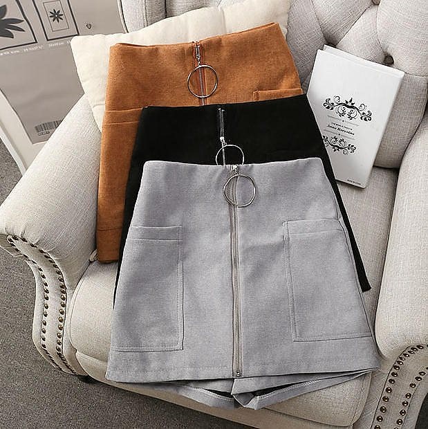 韓国 信憑 ファッション ミニスカート フェイクスカート ショートパンツ ジップ フェミニン 秋冬 ガーリ