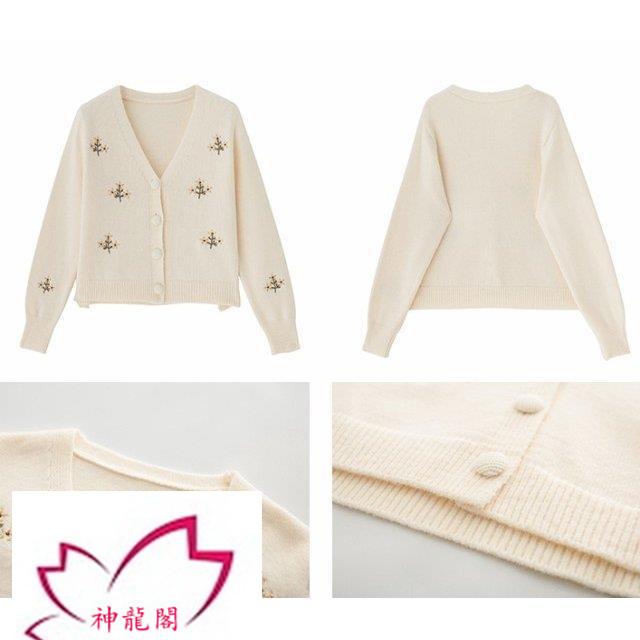 ニットカーディガン レディース カーディガン 秋冬 ショート丈 トップス 長袖 花柄 刺繍 Vネック おしゃれ シンプル カジュアル 大人可愛い