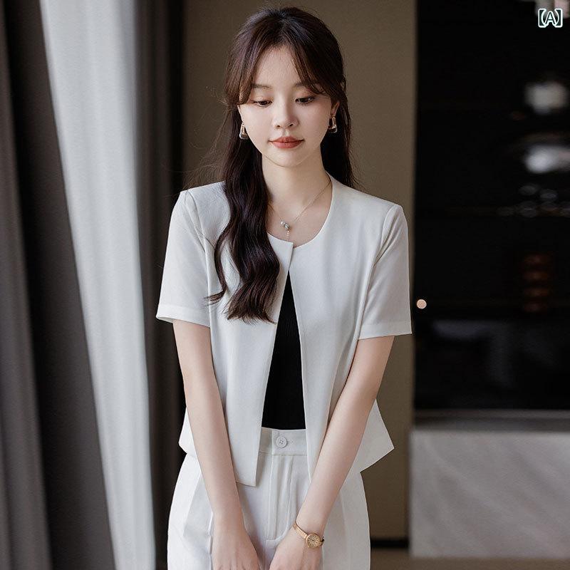 シューズ　スリッパ　カジュアル レディース 白い エレガントの よい ジャケット夏の ハイエンドの 半袖 薄手 ショート スーツ