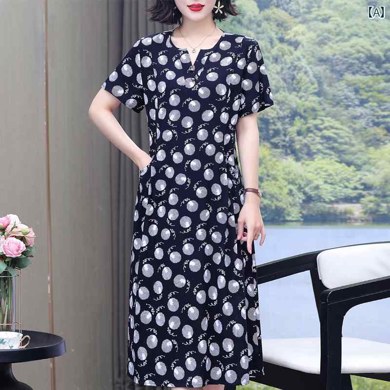 レディース ファッション おしゃれ 春夏 秋冬 大人 上品 高級 マダム ミセス プレゼント 夏女性ママスタイリッシュ半袖ワンピース女性スタイル厚手綿スカート ミス