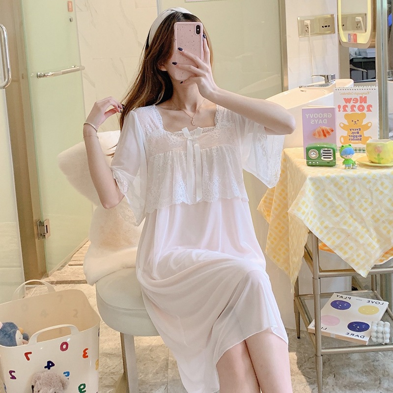 ルームウェア パジャマ ネグリジェ ミモレ ミモレ丈 スクエアネック セミフレア Aライン レース 刺繍 チュール シフォン フリル リボン 透け感 シースルー おしゃれ お洒落 ラブリー 1