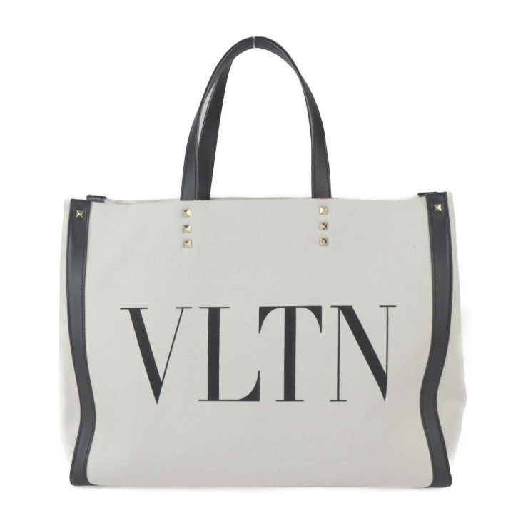 超美品 Valentino Garavani ヴァレンティノ ガラヴァーニ トートバッグ TW2B0D21FWB VLTN ロックスタッズ キャンバス レザー ナチュラル ブラ【本物保証】
