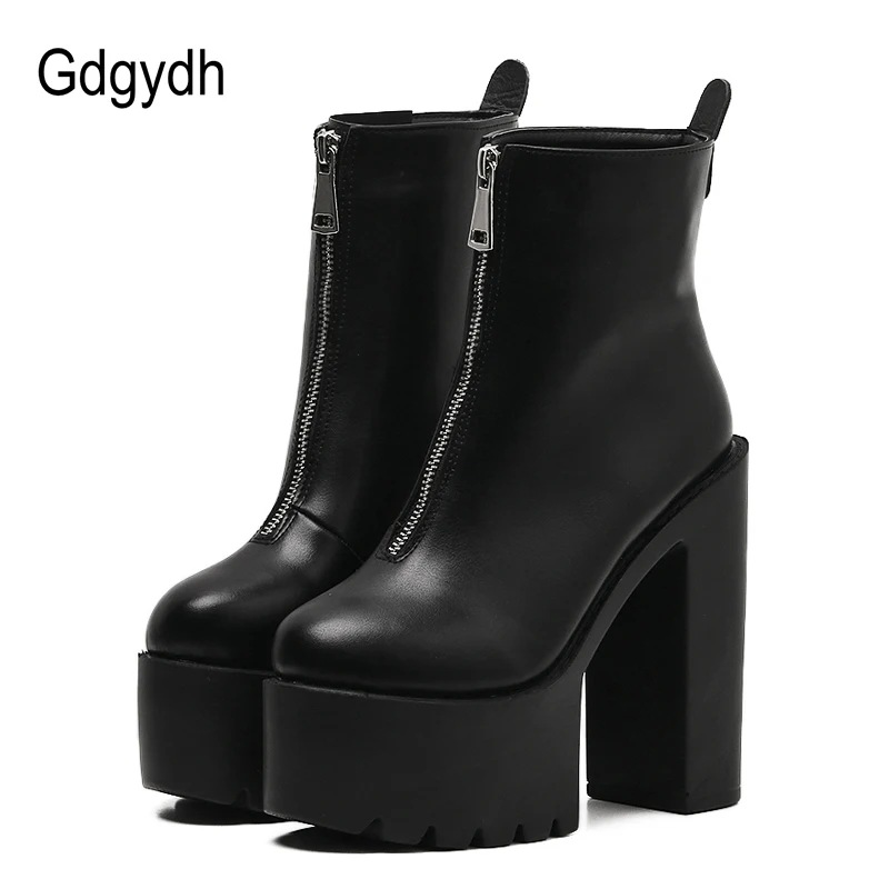 Gdgydh-女性用ブラックレザーアンクルブーツ ハイヒール厚底靴 丸いつま先のファッショナブルな秋のファッション